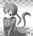  :o angela_salas_larrazabal animal_ears blush checkered checkered_background flying_sweatdrops greyscale horse_ears horse_girl horse_tail kuragari long_hair looking_at_viewer monochrome ponytail skirt solo tail uniform world_witches_series 