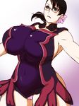  apron black_hair blue_eyes breasts cameltoe cattleya commentary_request covered_navel cowboy_shot detached_collar flower frown hair_flower hair_ornament huge_breasts impossible_clothes low_ponytail mature muscle muscular_female queen's_blade sideboob solo spring_rain 