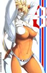  abs alternate_color angel_(kof) angel_(kof)_(cosplay) arms_up arrancar artist_name bleach blonde_hair blue_eyes breasts chaps cosplay curvy dark_skin dated espada groin kei-suwabe large_breasts looking_at_viewer midriff navel revealing_clothes solo the_king_of_fighters tier_harribel 