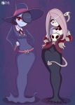  2girls blue_skin breasts cleavage crossover full_body hair_over_one_eye hat leviathan_(skullgirls) little_witch_academia multiple_girls pink_hair red_hair skullgirls squigly_(skullgirls) striped striped_sleeves sucy_manbavaran witch_hat zombie 
