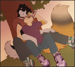  aycee big_tail black_fur black_hair blonde_hair brown_fur canine claws clothing dog duo eyes_closed fluffy_tail fox fur gay grey_hair hair highlights hug jeans long_tail love male mammal purple_hair romantic size_difference tree violet_hair white_fur white_hair yellow_fur 