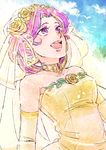  alternate_hairstyle bare_shoulders bridal_veil bride colored_eyelashes dress flower hair_up highres multicolored_hair my_little_pony my_little_pony_friendship_is_magic open_mouth personification princess_mi_amore_cadenza rose sky solo tate-ya veil wedding_dress yellow_flower yellow_rose 