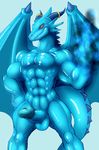 anthro balls biceps big big_muscles big_penis blue_dragon blue_dragon_(character) blue_dragon_(series) blue_fire blue_skin claws dark-moltres dragon erection fangs horn male muscles pecs penis pose red_eyes solo wings 