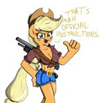  anthro anthrofied applejack_(mlp) blonde_hair cleavage clothed clothing cowboy_hat dialog english_text equine female freckles friendship_is_magic fur green_eyes gun hair hand_on_butt hat horse mammal my_little_pony open_mouth orange_fur plain_background pony ranged_weapon shotgun solo text the-wazz weapon white_background 