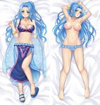  1girl areolae armpits arms_up bare_shoulders barefoot blue_eyes blue_hair blue_panties blush bracelet breasts cleavage collar dakimakura earrings feet jewelry large_breasts legs long_hair looking_at_viewer lying midriff navel necklace nefertari_vivi nipples on_back one_piece open_mouth panties ponytail sandals toes topless underwear vivi 