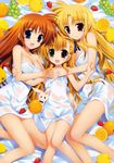  3girls absurdres apple blonde_hair blush breasts brown_hair cleavage fate_testarossa food fruit fujima_takuya grapes heterochromia highres lemon long_hair lyrical_nanoha mahou_shoujo_lyrical_nanoha mahou_shoujo_lyrical_nanoha_vivid multiple_girls naked_towel official_art open_mouth orange red_eyes sacred_heart smile strawberry takamachi_nanoha towel vivio wet 