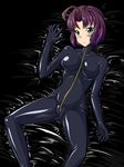  aqua_eyes black_bodysuit bodysuit breasts highres latex lying medium_breasts on_back original purple_hair short_hair solo tamakko 