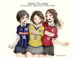  3girls asics black_eyes black_hair brown_hair closed_eyes clothes_writing glasses grin hair_ornament hairclip hand_on_hip hand_on_shoulder highres hug j._league kashima_antlers mito_hollyhock multiple_girls nike revision shirt short_hair smile soccer soccer_uniform sportswear striped striped_shirt takada_katsura vegalta_sendai 