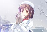  :o blush bob_cut brown_eyes brown_hair coat gloves hagiwara_yukiho hat idolmaster idolmaster_(classic) kusuri_(medicine) short_hair sky snowing solo 