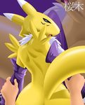  anthro arms_held blue_eyes canine chest_tuft digimon digital_monster duo female first_person_view fox from_behind fur gloves human human_on_anthro interspecies invalid_tag looking_at_viewer looking_back mammal open_mouth raised_tail renamon sakuragi tuft 