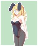  animal_ears aqua_background bad_id bad_pixiv_id bare_shoulders black_legwear blonde_hair blue_eyes breasts bunny_ears bunny_girl bunny_tail bunnysuit cleavage ekibyou fishnets long_hair medium_breasts original pantyhose solo tail 