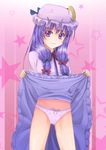  blush bow bow_panties crescent dress dress_lift frilled_panties frills hat kuri_youkan long_hair panties patchouli_knowledge pink_eyes purple_hair revision solo star touhou underwear 