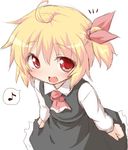  :d ahoge ascot blonde_hair blush clenched_hands eighth_note fang hair_ribbon looking_at_viewer musical_note natsu_no_koucha open_mouth red_eyes ribbon rumia simple_background sketch smile solo speech_bubble spoken_musical_note touhou white_background 