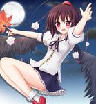  black_wings blush brown_hair colorized full_moon highres looking_at_viewer moon night open_mouth red_eyes shameimaru_aya skirt sky smile solo touhou wings yuzin 