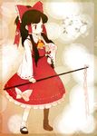  border bow brown_eyes brown_hair detached_sleeves hair_bow hair_tubes hakurei_reimu hand_on_hip highres long_hair mary_janes resized revision shoes solo tcmk touhou 