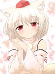  animal_ears bare_shoulders blush detached_sleeves fang hands_together hat inubashiri_momiji looking_at_viewer natsu_no_koucha own_hands_together short_hair smile solo tail tokin_hat touhou upper_body white_hair wolf_ears wolf_tail 