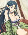  areolae banboro_(technobot) blush breasts cleavage ear_covers elf green_eyes green_hair japanese_clothes large_breasts long_hair off_shoulder on_bed pointy_ears sakuya_(sao) sitting smile solo sword_art_online 