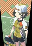  akashi_(yojouhan) bicycle bike_shorts black_eyes black_hair ground_vehicle hat highres makoto_daikichi mole raglan_sleeves revision solo yojouhan_shinwa_taikei 