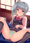  &gt;:o 1girl black_legwear blush bow bow_panties cameltoe commentary_request crotch_seam dress green_panties grey_hair indoors interstellar kantai_collection kasumi_(kantai_collection) lifted_by_self long_hair long_sleeves looking_at_viewer neck_ribbon nose_blush panties partially_visible_vulva pinafore_dress remodel_(kantai_collection) ribbon school_uniform side_ponytail sitting skirt skirt_lift solo spread_legs underwear window 