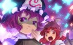  animal_ears bug butterfly glowing hat highres insect mizuki_hitoshi multiple_girls mystia_lorelei open_mouth pink_eyes pink_hair red_eyes red_hair saigyouji_yuyuko shaded_face smile tongue tongue_out touhou winged_hat wings 