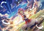  :o animal animal_on_shoulder cloud eiyuu_densetsu feathers grass klose_rinz kneeling long_skirt pink_eyes pink_hair rymerge short_hair skirt sky solo sora_no_kiseki sparkle sunlight 