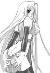  ass blush breasts commentary_request from_behind greyscale highres long_hair looking_at_viewer looking_back medium_breasts miranda_(quiz_magic_academy) monochrome no_panties quiz_magic_academy senomoto_hisashi solo thighhighs very_long_hair 