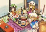  3girls :3 absurdres alcohol animal_ears bangs beer beer_can blonde_hair blush bottle bowl breasts brown_hair can cat_ears cat_tail chanta_(ayatakaoisii) chen chopsticks closed_mouth cooking cup earrings electric_plug electric_socket eyebrows_visible_through_hair fish food_request fox_ears fox_tail from_above futon green_hat hat highres holding jewelry large_breasts long_hair long_sleeves mob_cap mug multiple_girls multiple_tails nekomata newspaper party_popper plate power_strip red_eyes red_vest rice rice_cooker rice_paddy ruler sanpaku shirt short_hair sitting slit_pupils smile strong_zero tabard tail television tissue tissue_box touhou two_tails vest white_hat white_shirt yakumo_ran yakumo_yukari 