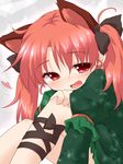  :d alternate_hairstyle animal_ears blush cat_ears extra_ears fang heart kaenbyou_rin leg_ribbon multiple_tails natsu_no_koucha open_mouth red_eyes red_hair ribbon simple_background smile solo tail touhou twintails white_background 