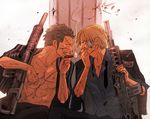  2boys bandage blonde_hair blood blue_shirt cigar cigarette formal green_hair gun injury lowres mafia male male_focus multiple_boys one_piece open_clothes open_shirt pillar pinstripe_suit roronoa_zoro sanji scar shirt sitting smoking stitching striped striped_jacket suit vertical_stripes weapon 