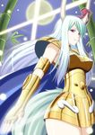  armor bamboo breasts cape capricorn capricorn_shura ex-keine full_moon gold_armor gold_saint green_hair h-new highres horn_ribbon horns kamishirasawa_keine long_hair medium_breasts moon ribbon saint_seiya silver_hair smile solo tail touhou 