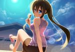  arm_support bad_id bad_pixiv_id bare_legs barefoot blue_eyes blue_sky blush breasts brick_wall brown_hair building cloud cloudy_sky food highres holding house ice_cream lens_flare long_hair looking_back medium_breasts original ponytail raivu revision sandals shoes single_shoe sitting skirt sky solo 