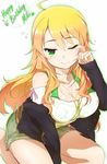  ahoge blonde_hair blush breasts cleavage fingernails green_eyes hoshii_miki idolmaster idolmaster_(classic) jewelry large_breasts long_hair looking_at_viewer minatsuki_randoseru nail_art nail_polish necklace one_eye_closed shorts sleepy smile solo 