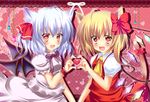  animal_ears ascot bad_id bad_pixiv_id bat_wings blonde_hair blue_hair blush bow cat_ears cat_tail dress fang flandre_scarlet hair_bow hair_ribbon heart heart-shaped_pupils heart_hands heart_hands_duo kemonomimi_mode looking_at_viewer multiple_girls no_hat no_headwear open_mouth pink_dress pink_eyes puffy_sleeves red_dress remilia_scarlet ribbon rikatan shirt short_sleeves side_ponytail silver_hair smile symbol-shaped_pupils tail tail_ribbon touhou wings 