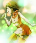  belt blurry bokeh brown_eyes brown_hair depth_of_field earrings gloves hairband honda_mio idolmaster idolmaster_cinderella_girls jewelry microphone scarf short_hair solo suneo_(goten) sunset_nostalgie thighhighs 