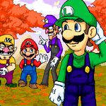  4boys autumn blue_eyes boots brothers brown_hair cap cape cloud eyes facial_hair flying gloves hand_on_head hat koopa leaf leaves lowres luigi male male_focus mario mario_(series) multiple_boys mustache nintendo outdoors outside siblings smile super_koopa super_mario_bros. suspenders waluigi wario 