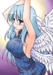  akou_roushi armpits arms_up backless_outfit blue_hair blush breasts large_breasts long_hair looking_at_viewer multiple_wings purple_eyes ribbed_sweater sariel sideboob sleeveless sleeveless_turtleneck solo sweater tears touhou touhou_(pc-98) turtleneck white_wings wings 