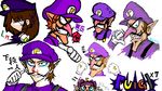  1girl brown_hair clenched_hand creepy facial_hair fist flower genderswap grin mario_(series) multiple_persona mustache nintendo nose pointing rose smile solo super_mario_bros. waluigi 