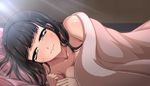  afterglow bed_sheet black_hair blanket blush breasts cleavage highres long_hair looking_at_viewer lying medium_breasts monizumi_ishikawa naked_sheet on_side pillow sakamoto_mio smile solo strike_witches under_covers world_witches_series yellow_eyes 