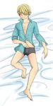  1boy blonde_hair bulge hair_over_one_eye laying lying male male_focus on_back one_piece sanji solo unbuttoned underwear undressing 