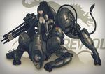  bangs black_eyes black_hair blunt_bangs bodysuit breasts crying_wolf gloves gun large_breasts latex leaning leaning_forward long_hair looking_at_viewer metal_gear_(series) metal_gear_solid_4 power_suit rifle robce_lee skin_tight solo weapon 