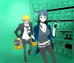  1boy 1girl alternate_costume blonde_hair contemporary food hair_over_one_eye nico_robin one_piece sanji shelf shelves shop shopping xla009 