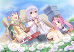  2girls albino bare_shoulders belt black_legwear blue_hair braid chopsticks copyright_name creha_rem_ordin eating eiyuu_densetsu fingerless_gloves flower gloves hair_ornament hairclip headdress long_hair low-tied_long_hair multiple_girls nayuta_herschel nayuta_no_kiseki no_nose noi_(eiyuu_densetsu) obentou pants pink_eyes pink_hair red_eyes shirt side_braid size_difference smile t_mochita thighhighs twin_braids twintails white_hair 