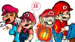  &gt;:( 1boy angry aqua_eyes blue_eyes brown_hair cap clenched_hand evil expressions fire fist gloves grin hand_holding_arm hat holding_arm looking_at_viewer male male_focus mario mario_(series) multiple_persona nintendo red_eyes smile smirk solo super_mario_bros. suspenders 