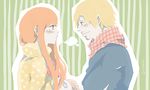  1boy 1girl blonde_hair couple juliaczzz nami nami_(one_piece) one_piece orange_hair sanji scarf smile striped striped_background 