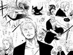  13g4 fight fighting helmet killer_(one_piece) male male_focus monochrome multiple_boys multiple_persona one-eyed one_piece roronoa_zoro sabaody_archipelago sanji sword tony_tony_chopper weapon 