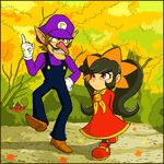  1girl ^_^ age_difference arms_behind_back ashley ashley_(warioware) autumn black_hair brown_hair bush eyes_closed gloves hand_on_hips hiding leaf nintendo outdoors peeking peeking_out pointing ponytail red_(warioware) red_eyes super_mario_bros. suspenders twintails walking waluigi warioware 