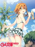  barefoot bikini bikini_skirt brown_hair checkered checkered_bikini coconut_tree cover holding holding_shoes kantoku kogamura_uril magazine_cover palm_tree sandals shinkyoku_soukai_polyphonica shinkyoku_soukai_polyphonica_aphonic_songbird shoes shoes_removed solo swimsuit tree yellow_eyes 