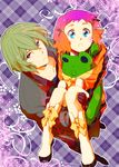  1girl aquarion_(series) aquarion_evol blonde_hair blue_eyes carrying coat couple doll dress gloves gradient_hair hachigou hair_ornament hetero jin_musou multicolored_hair orange_hair princess_carry purple_hair stuffed_animal stuffed_frog stuffed_toy tama_(aquarion) yunoha_thrul 