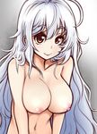  ahoge bad_id bad_pixiv_id breasts brown_eyes colored_eyelashes ginji74 large_breasts long_hair looking_at_viewer navel nipples nude original smile solo upper_body very_long_hair white_hair 