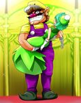  1girl aqua_eyes aqua_hair big_nose brown_hair carrying dress elbow_gloves facial_hair gloves green_dress grin hat highres mustache overalls pointy_shoes princess_carry queen_merelda runner_(rannaa) shoes short_hair short_sleeves sleeveless smile wario wario_land white_gloves 